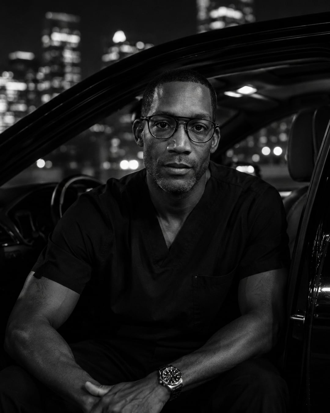 Dr. Leroy Butler, DO, seated at night with the city skyline behind him